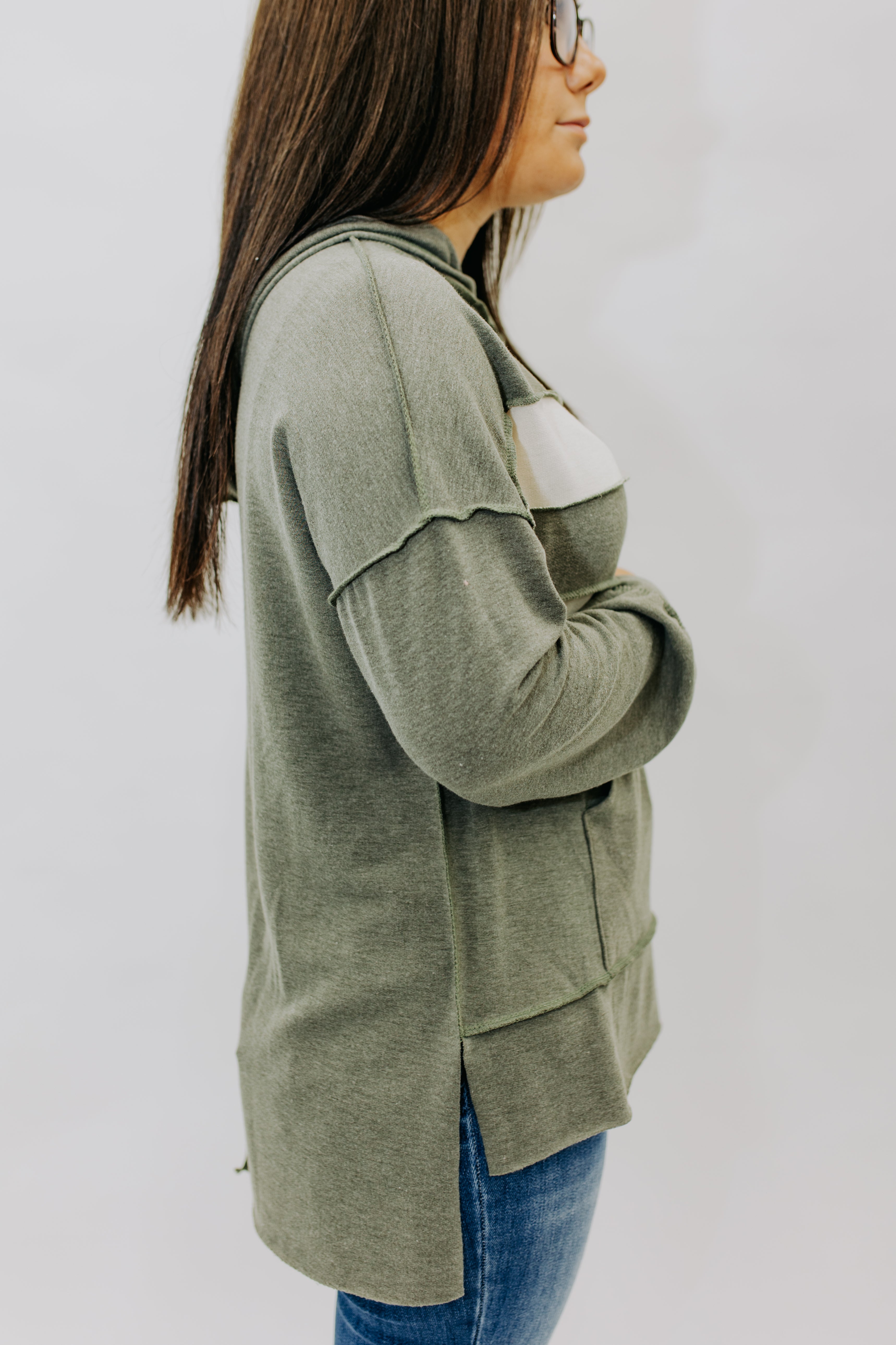 Color Block Pullover Hoodie With Side Slits