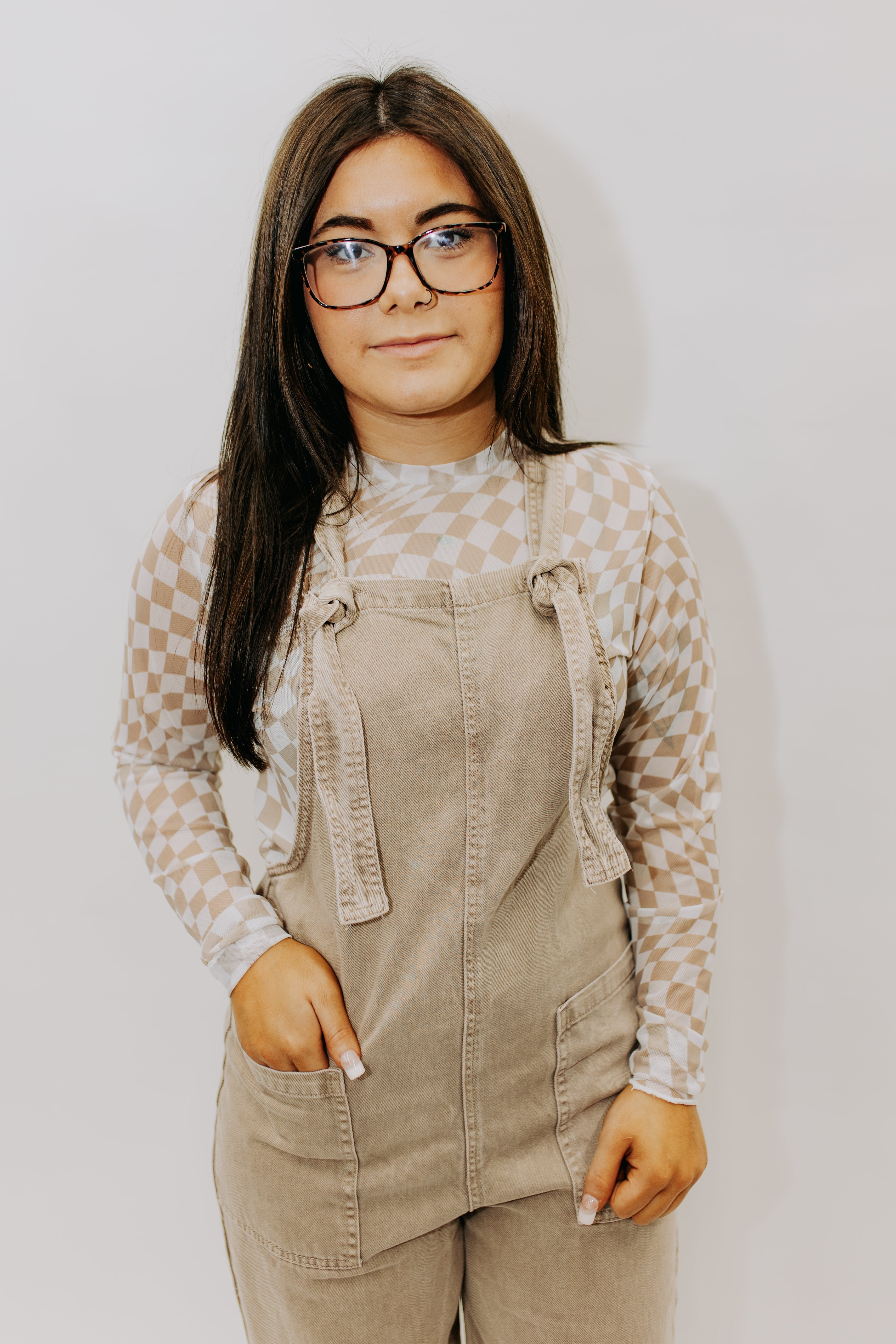 Ivory and Taupe Checkered Layering Top