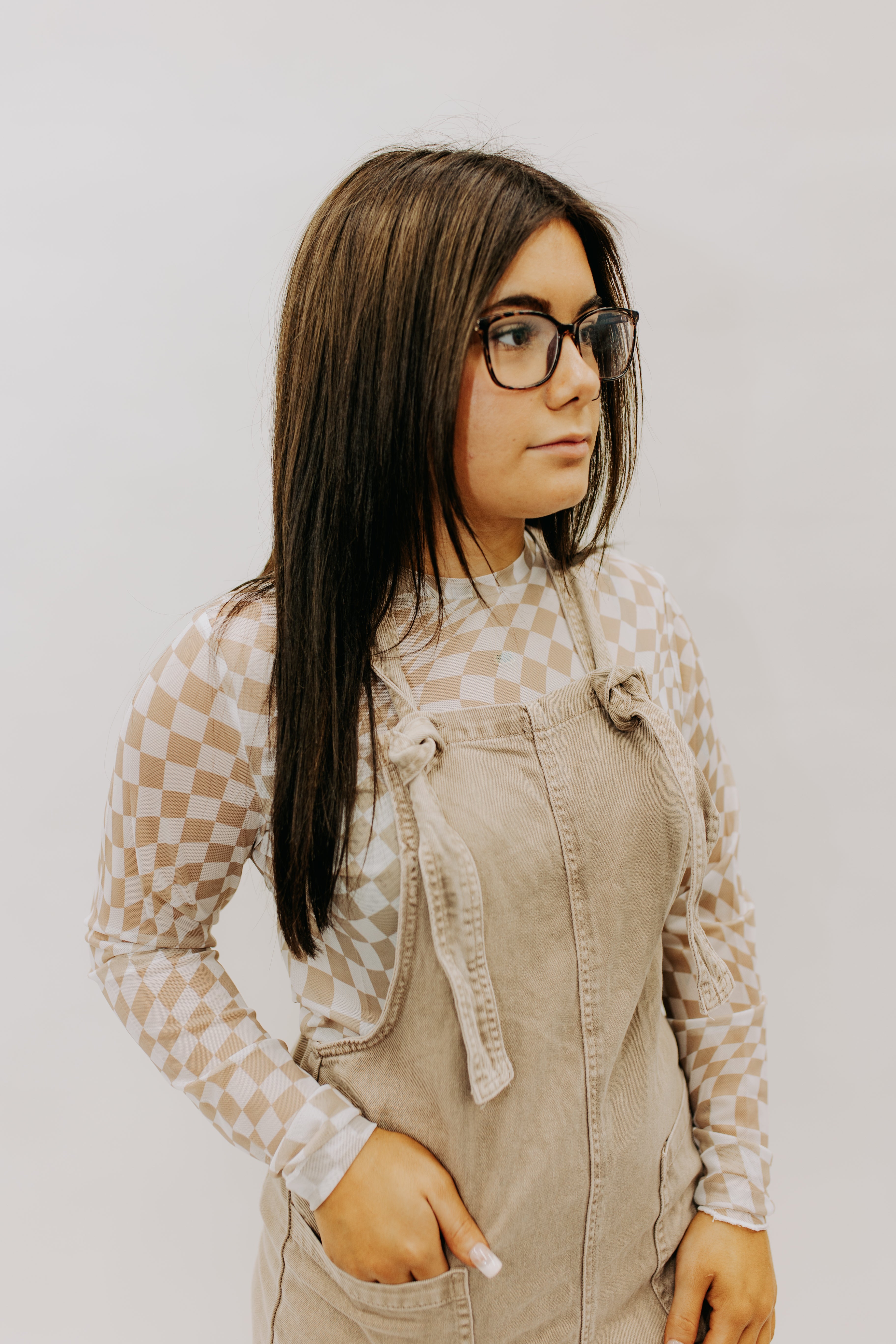 Ivory and Taupe Checkered Layering Top