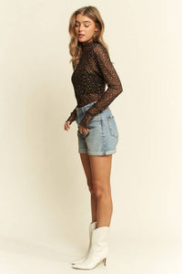 Mock Neck Long Sleeve Animal Print Stretchy Mesh Top