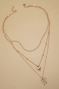 Multi Layer Bow Heart Charm Drop Necklace
