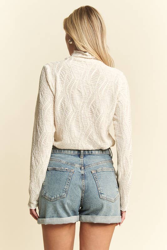 Cream Long Sleeve Mock Neck Wave Jacquard Top