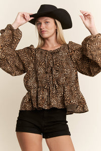 LEOPARD PRINT PUFF SLEEVE BOW FRONT TOP