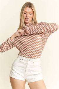 CHECKERED MESH MOCK NECK TOP