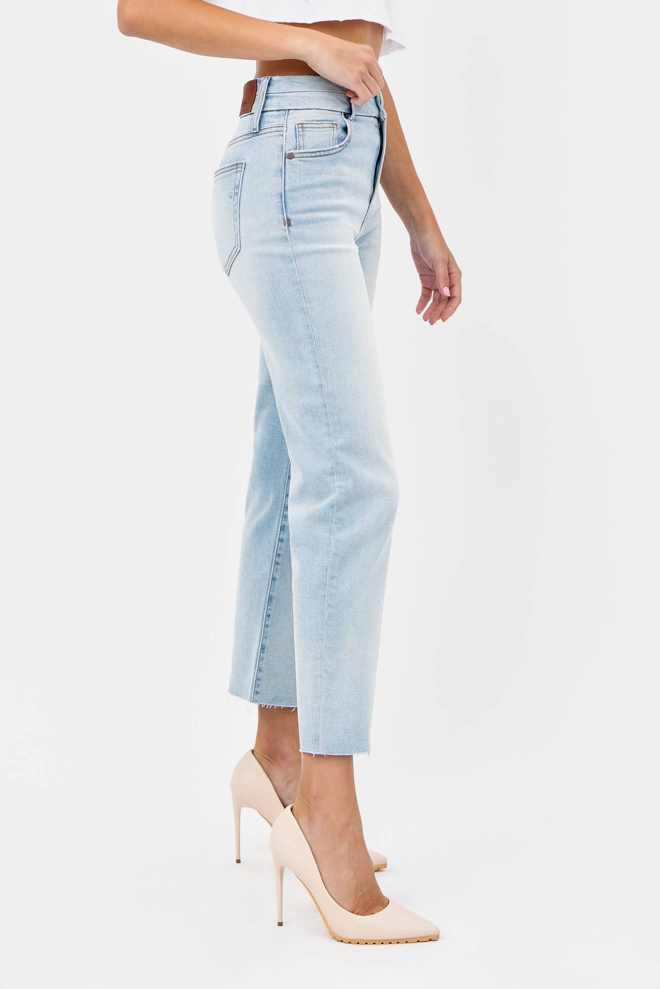 Light Wash Double Waist Band Stretch Wide Straight Hidden Denim