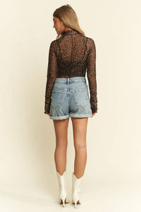 Mock Neck Long Sleeve Animal Print Stretchy Mesh Top