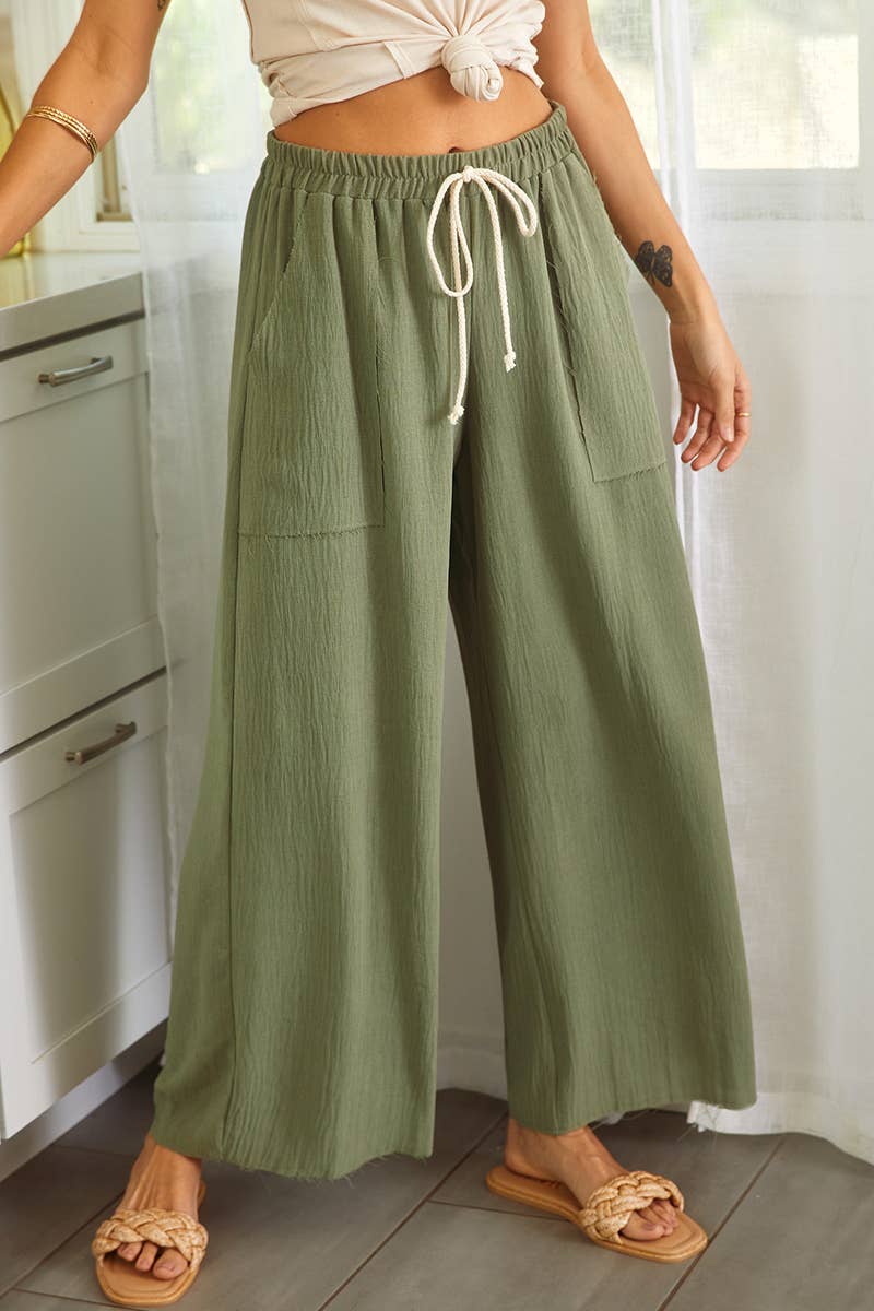 Olive Solid Wide Leg Pants