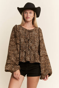 LEOPARD PRINT PUFF SLEEVE BOW FRONT TOP