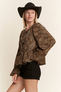 LEOPARD PRINT PUFF SLEEVE BOW FRONT TOP