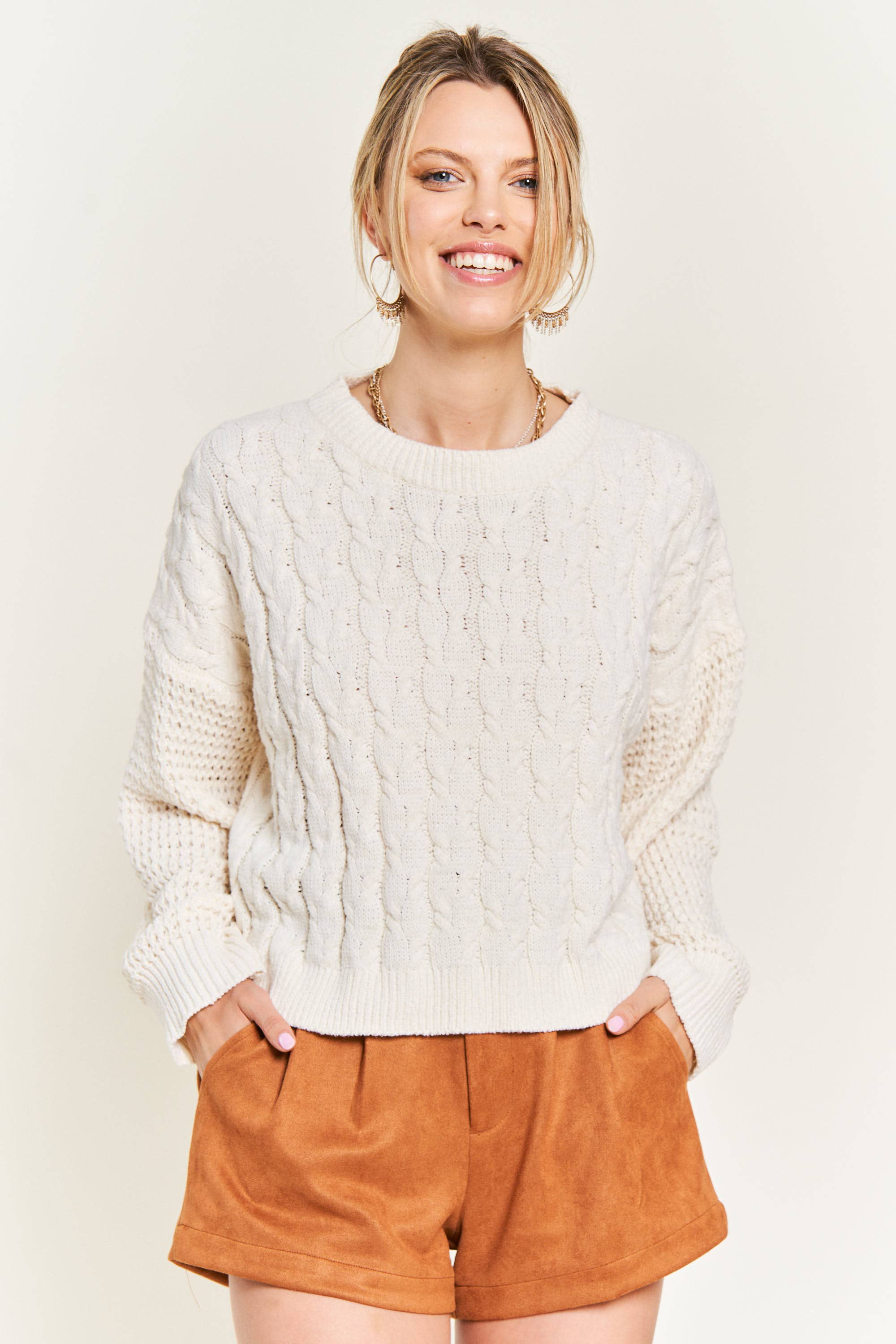 Cream Contrast Pattern Pullover Sweater Top