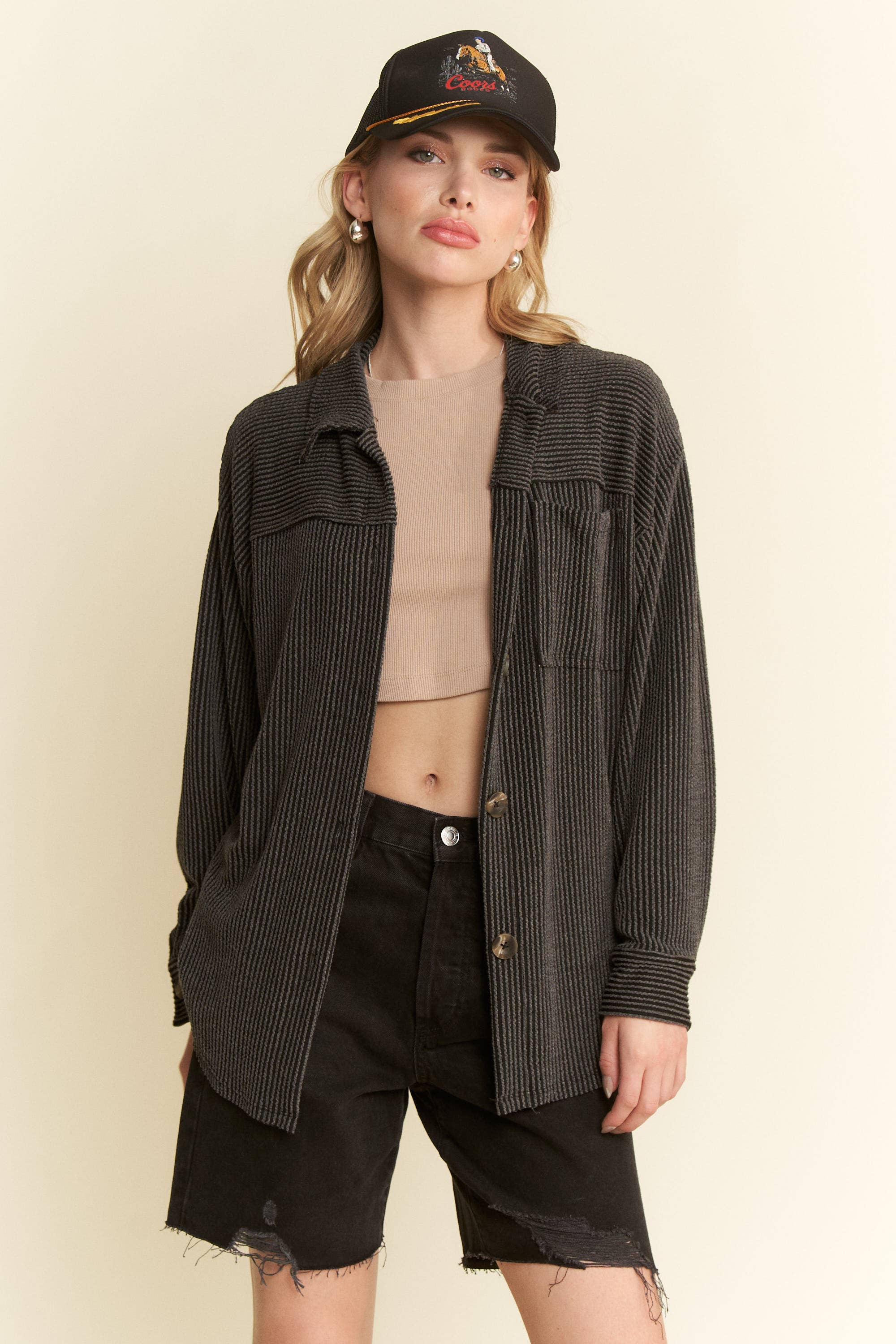 Solid Long Sleeve Button-Up Top