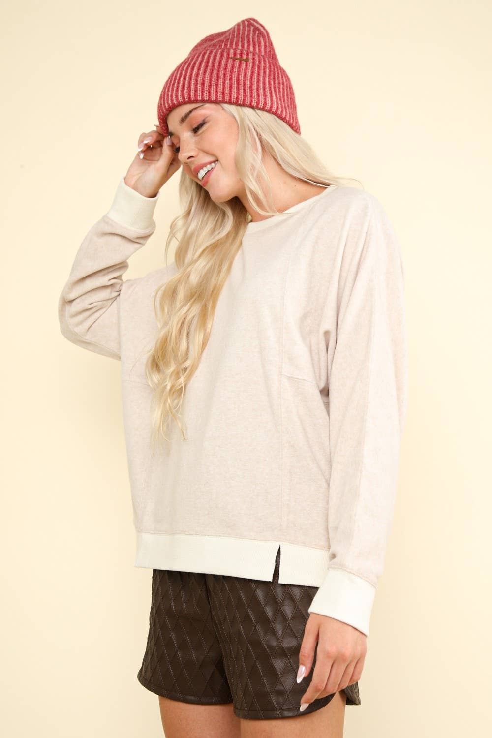 PLUS SIZE Oatmeal Oversized Comfy Soft Contrast Knit Top