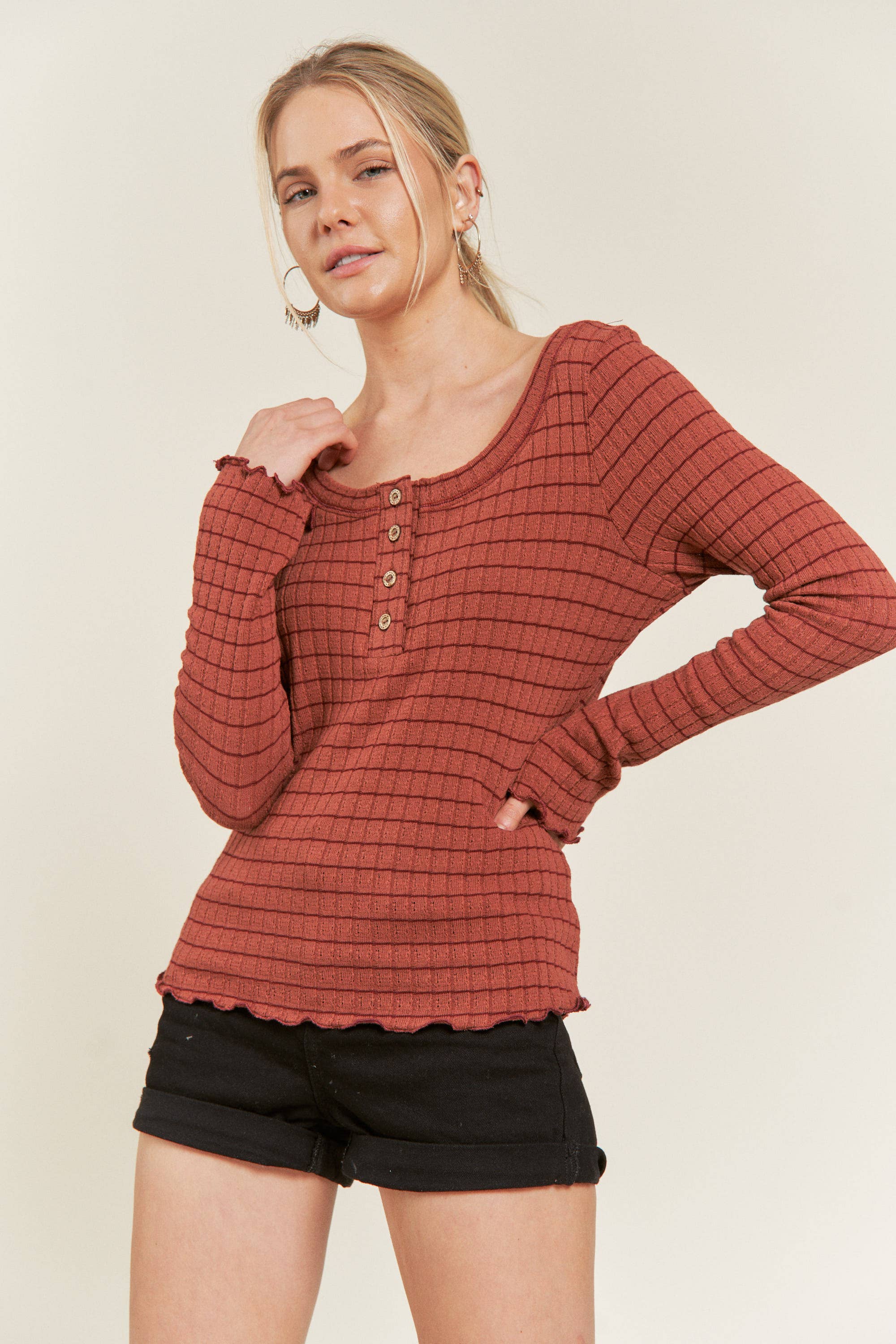 Rust Round Neck Stripe Top