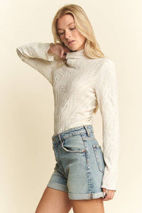 Cream Long Sleeve Mock Neck Wave Jacquard Top