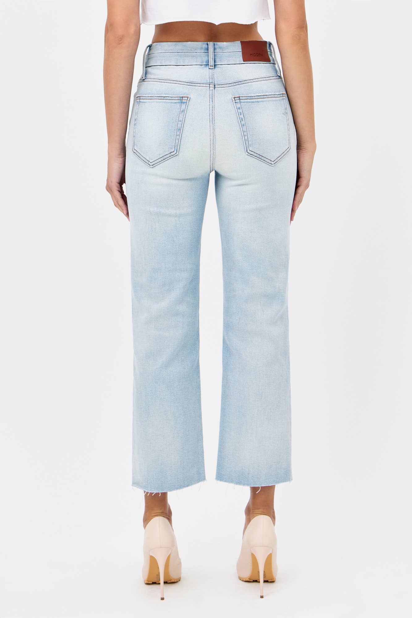 Light Wash Double Waist Band Stretch Wide Straight Hidden Denim