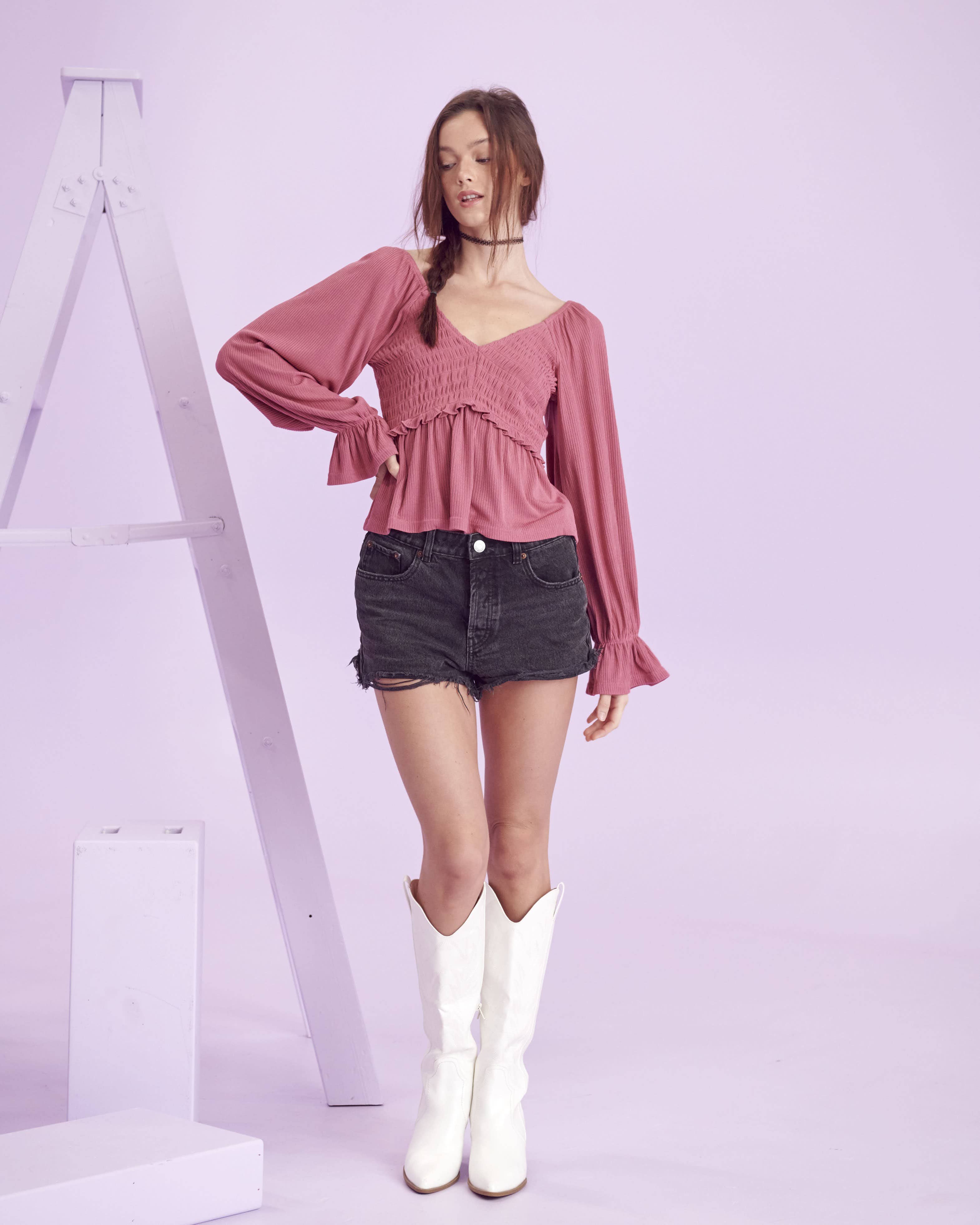 Teal Ruched Detail Bell Sleeves Top