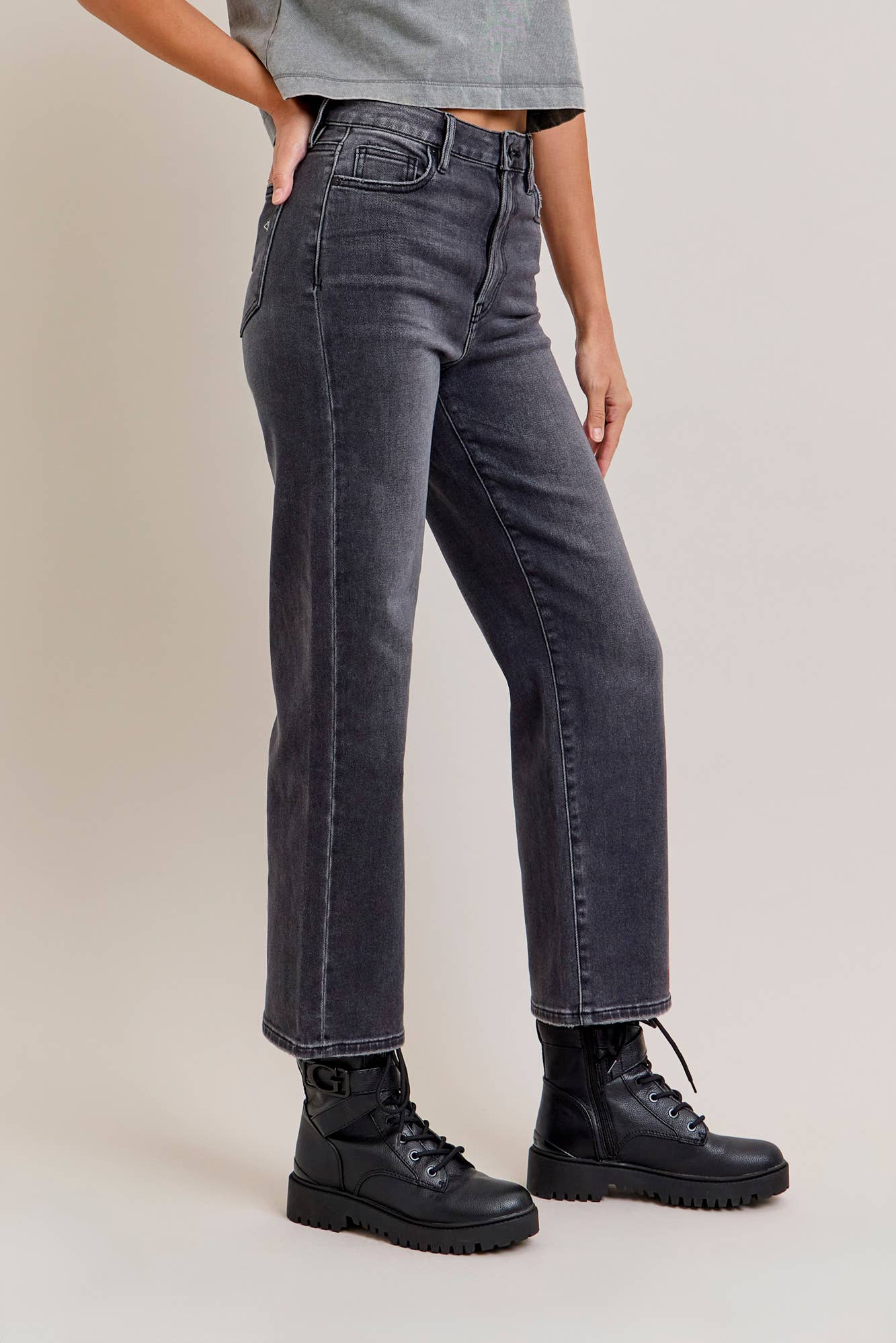 Charcoal Wash Clean Stretch Wide Straight Hidden Denim