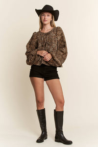 LEOPARD PRINT PUFF SLEEVE BOW FRONT TOP