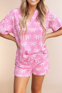 Knit Bowknot Printed V Neck T Shirt and Shorts Set