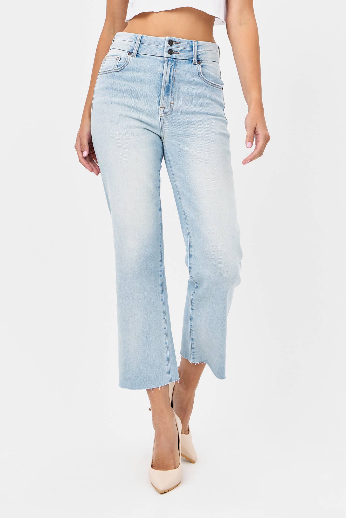 Light Wash Double Waist Band Stretch Wide Straight Hidden Denim