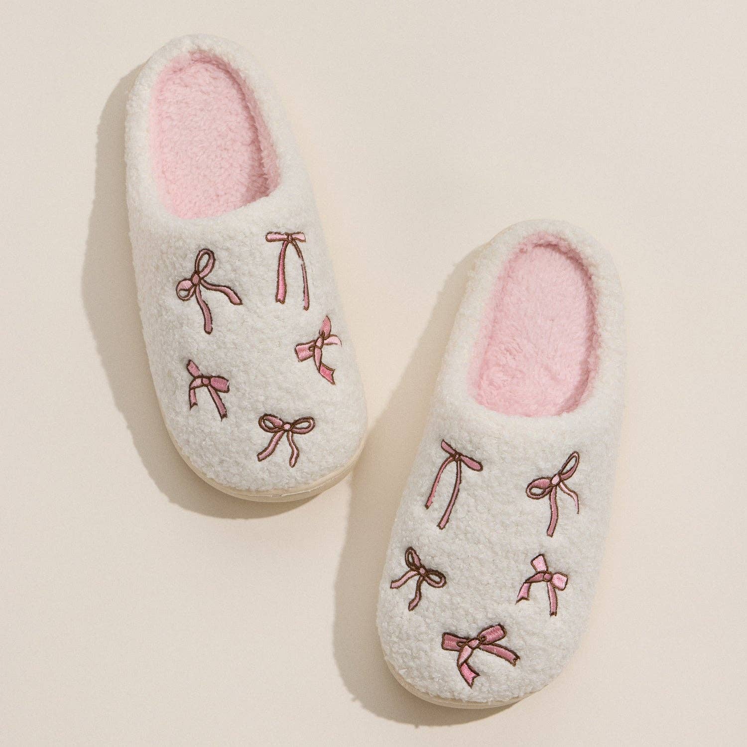 Embroidered Plush Slippers with Soft Bow Detail