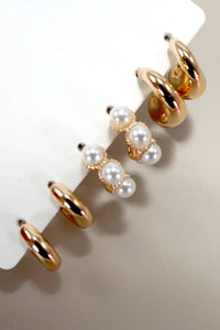 Trio Huggie Pearl Gold Hop Earrings