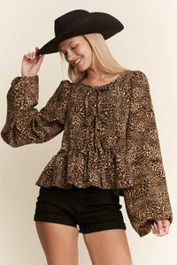 LEOPARD PRINT PUFF SLEEVE BOW FRONT TOP