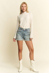 Cream Long Sleeve Mock Neck Wave Jacquard Top