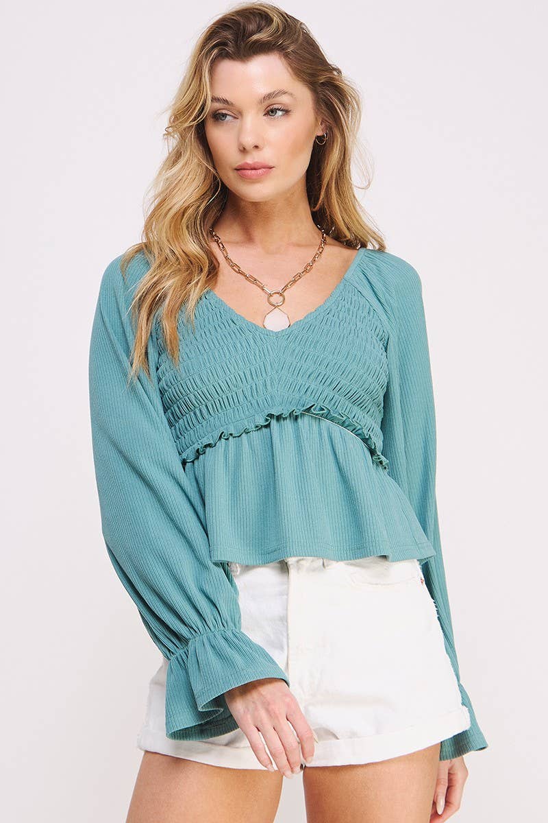 Teal Ruched Detail Bell Sleeves Top