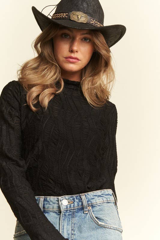 Cream Long Sleeve Mock Neck Wave Jacquard Top