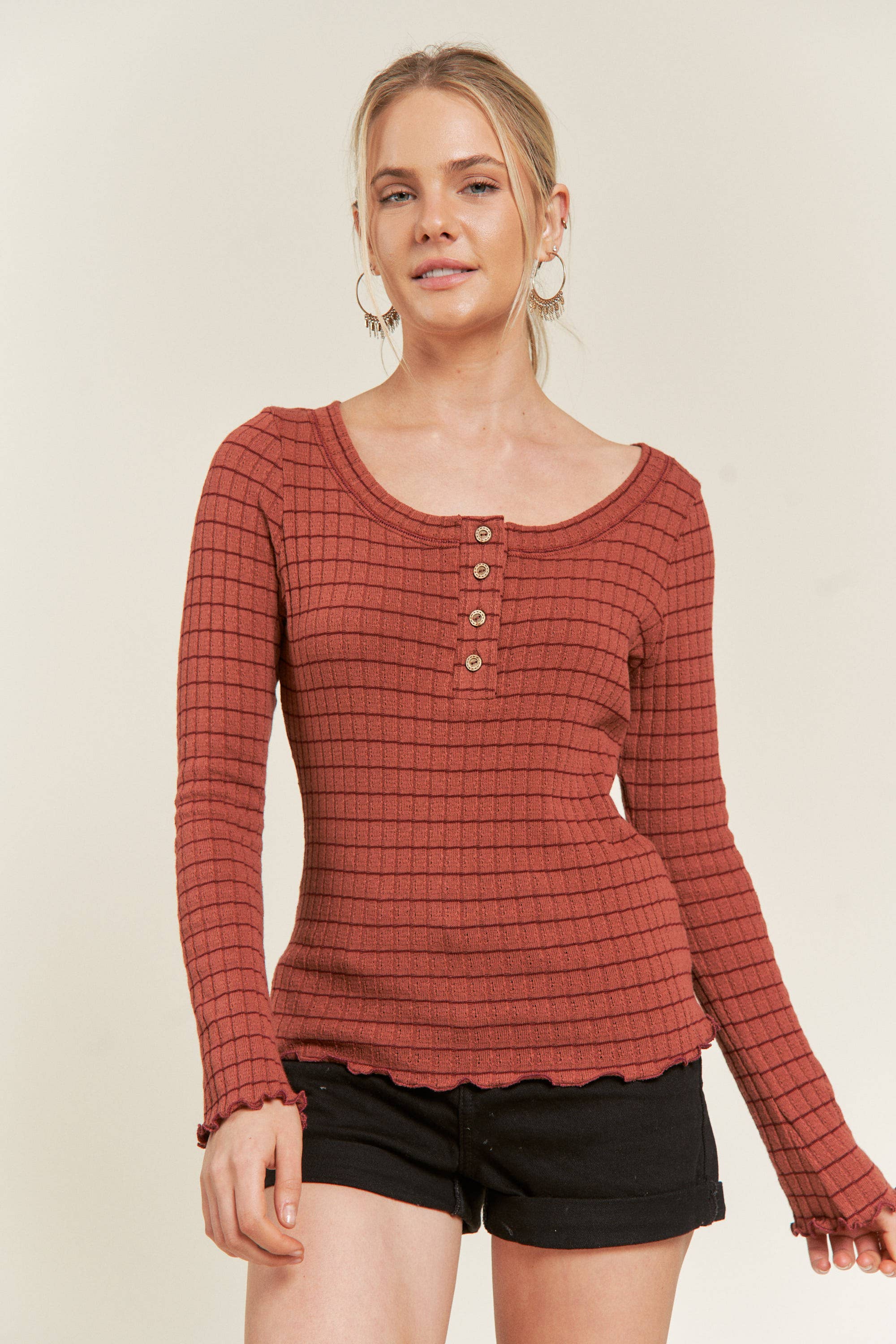 Rust Round Neck Stripe Top